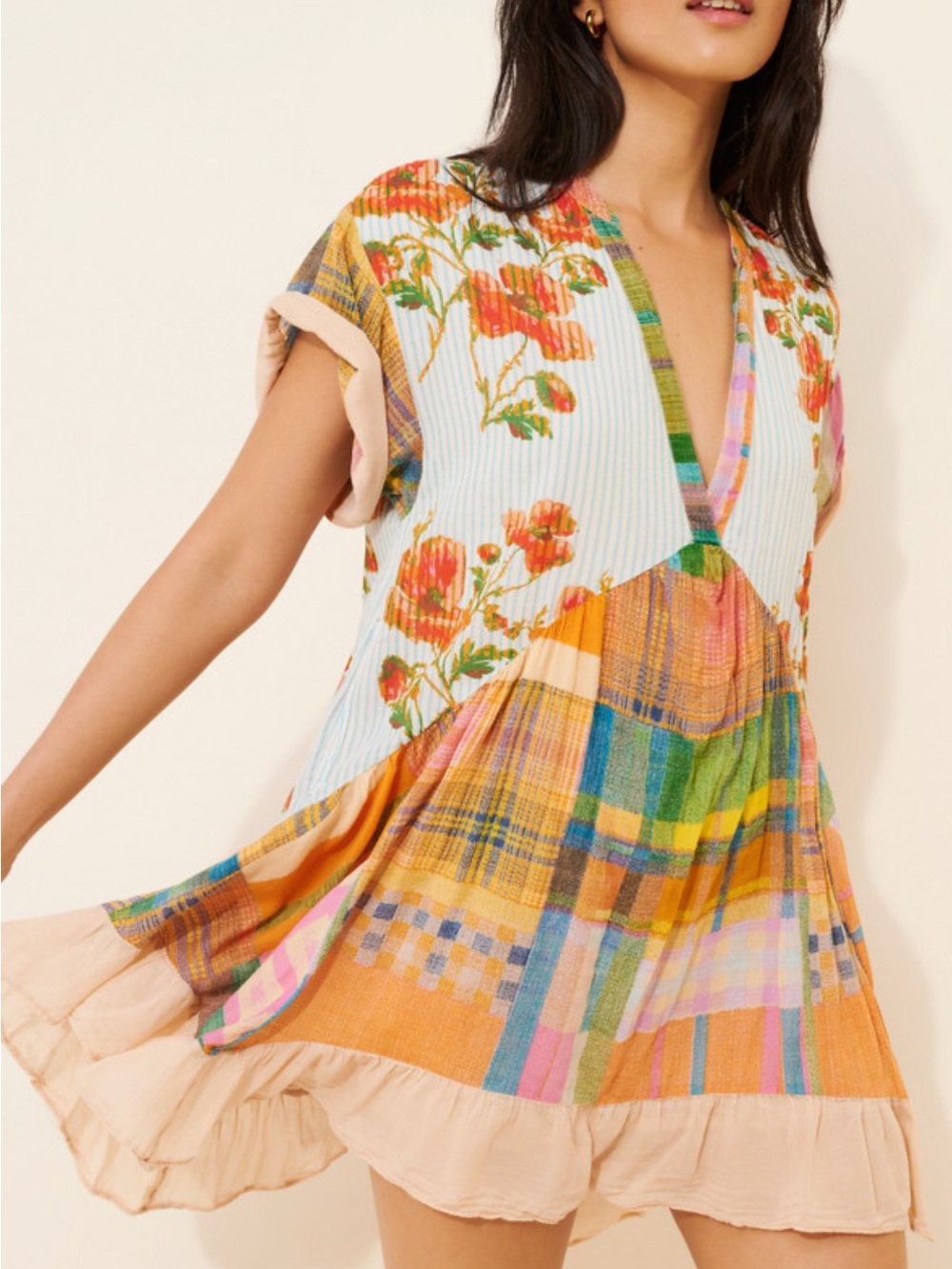 Free People Agnus mini dress Multicolor Patchwork Floral V-Neck XS spring combo
